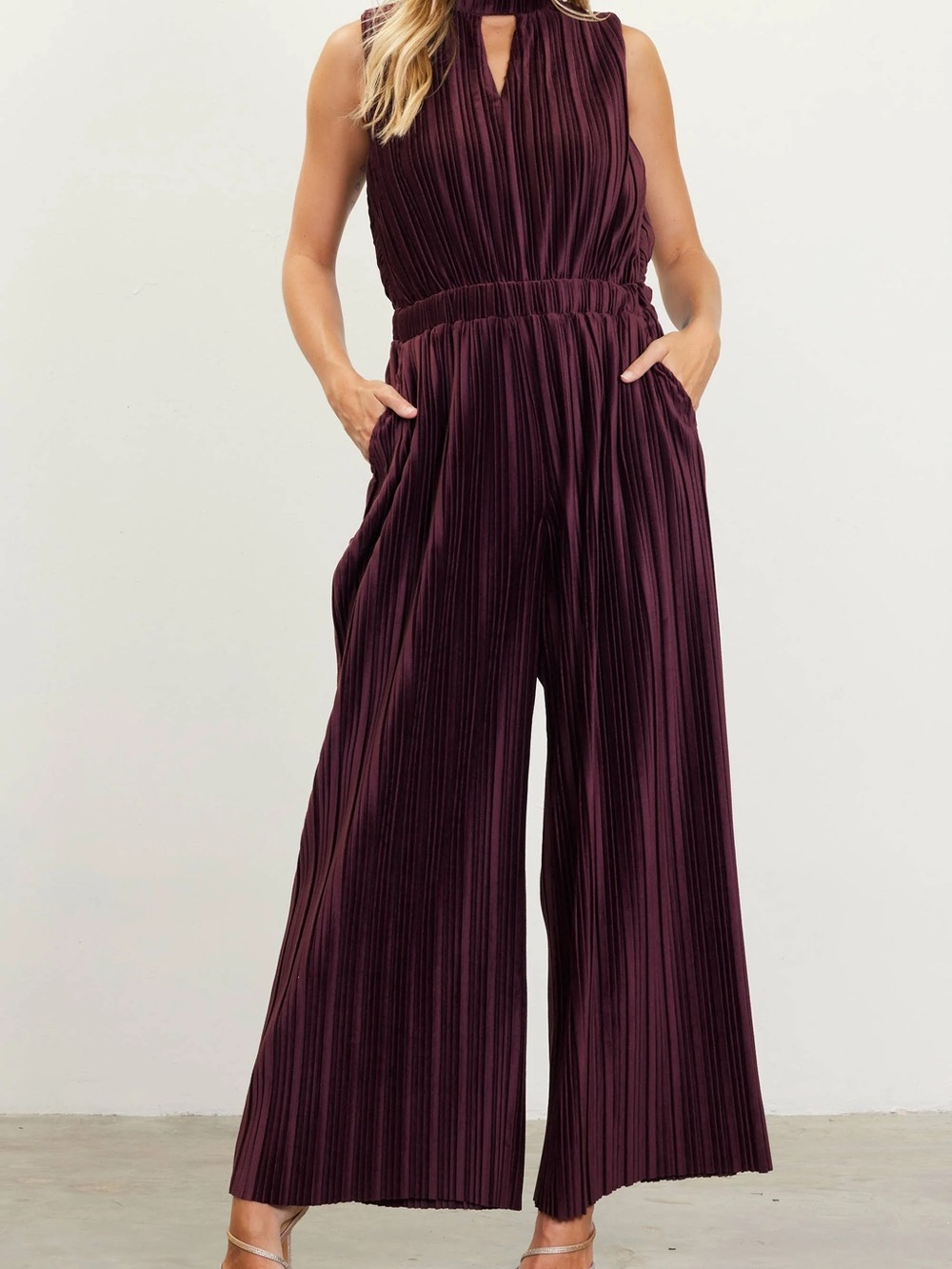 Skies Are Blue Pleated Wide-Leg Jumpsuit in Plum